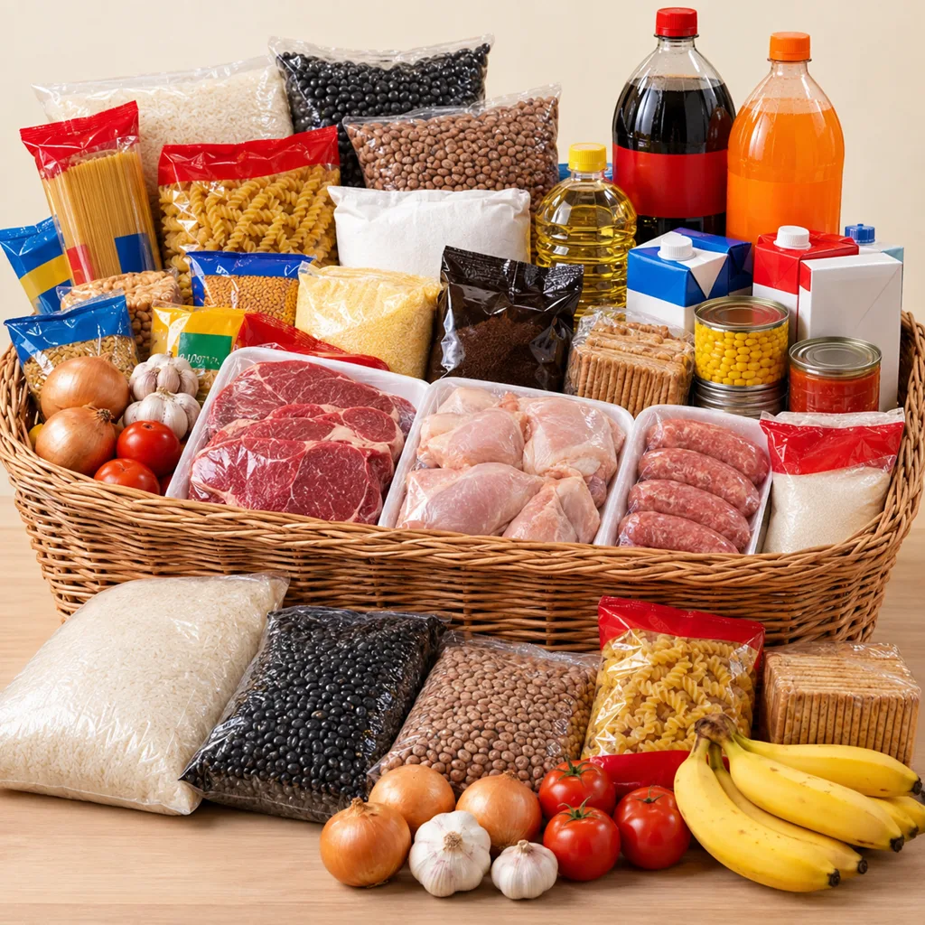 Cesta grande ilustrativa com carnes embaladas, refrigerantes, arroz, feijão e outros alimentos
